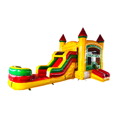 Large inflatable castle-themed combo featuring a bounce house with yellow walls, red turrets, and green accents. Includes a curved slide, obstacles, and a splash pool area in vibrant rasta colors of red, yellow, and green. The structure has three prominent turrets and a mesh-covered entrance. Isolated on a white background.