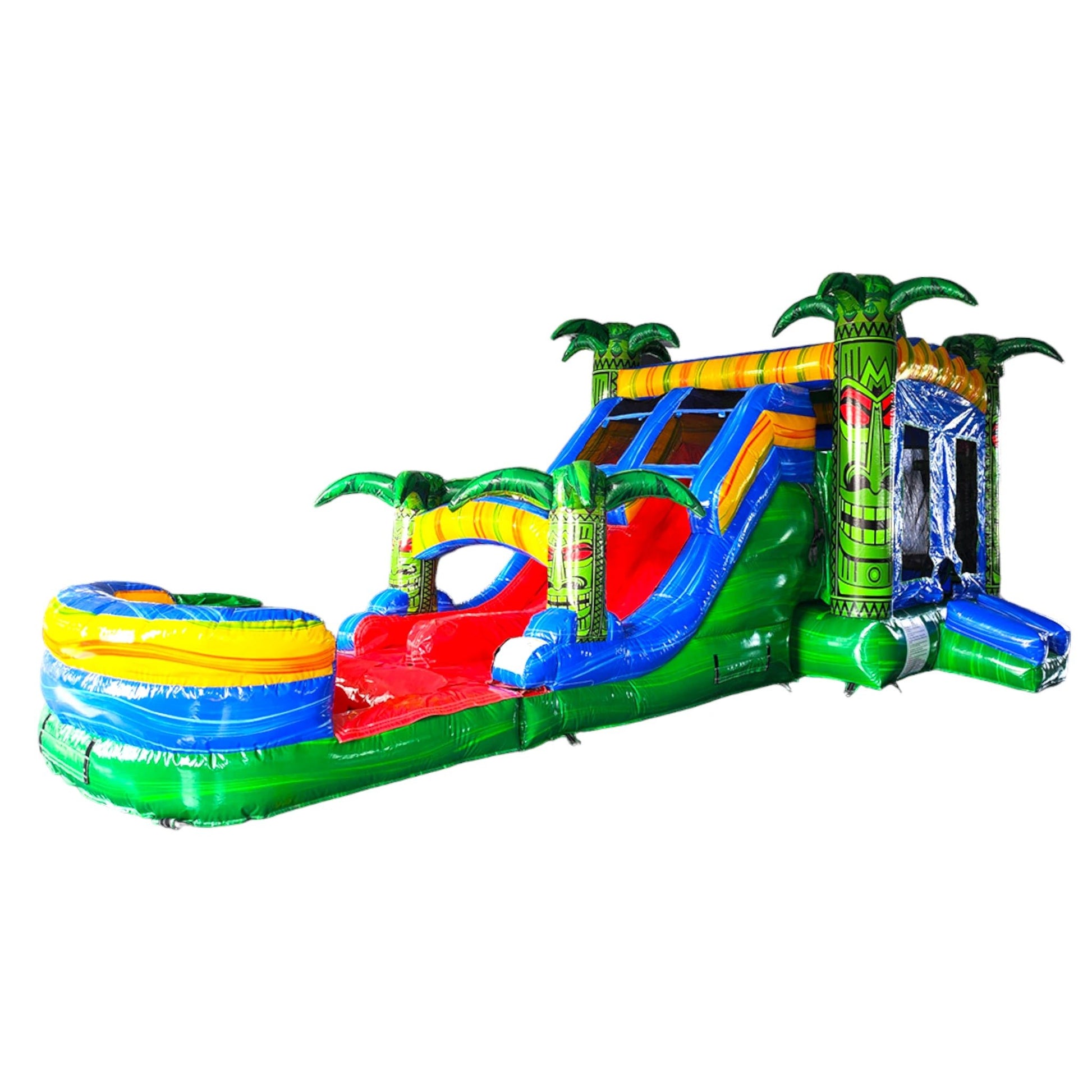 Side view of Reggae Rush Dual Lane Commercial Inflatable Combo featuring a tropical theme with inflatable palm trees. The structure has dual slides in blue, a yellow and green bounce house area, and a colorful splash pool. Set against a white background, showcasing its vibrant design for commercial wet/dry use.