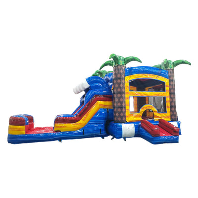 Front view of Rip Curl Econo Combo, isolated against a white background. Features a colorful bounce house with palm tree decorations, curved slide, and spacious splash pool. The inflatable showcases vibrant blue, yellow, and red colors.