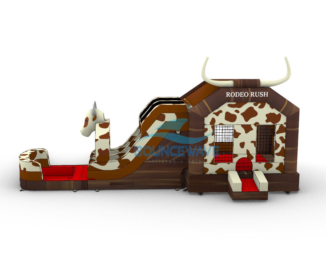 Wide-angle view of Rodeo Rush Dual Lane Commercial Inflatable Combo isolated on a white background. The inflatable showcases a western theme with a brown base, cow print patterns, dual slides emerging from a bull figure, and a bounce house area. Large white horns and the "RODEO RUSH" text are prominent features, highlighting its rodeo-inspired design for commercial wet/dry use.