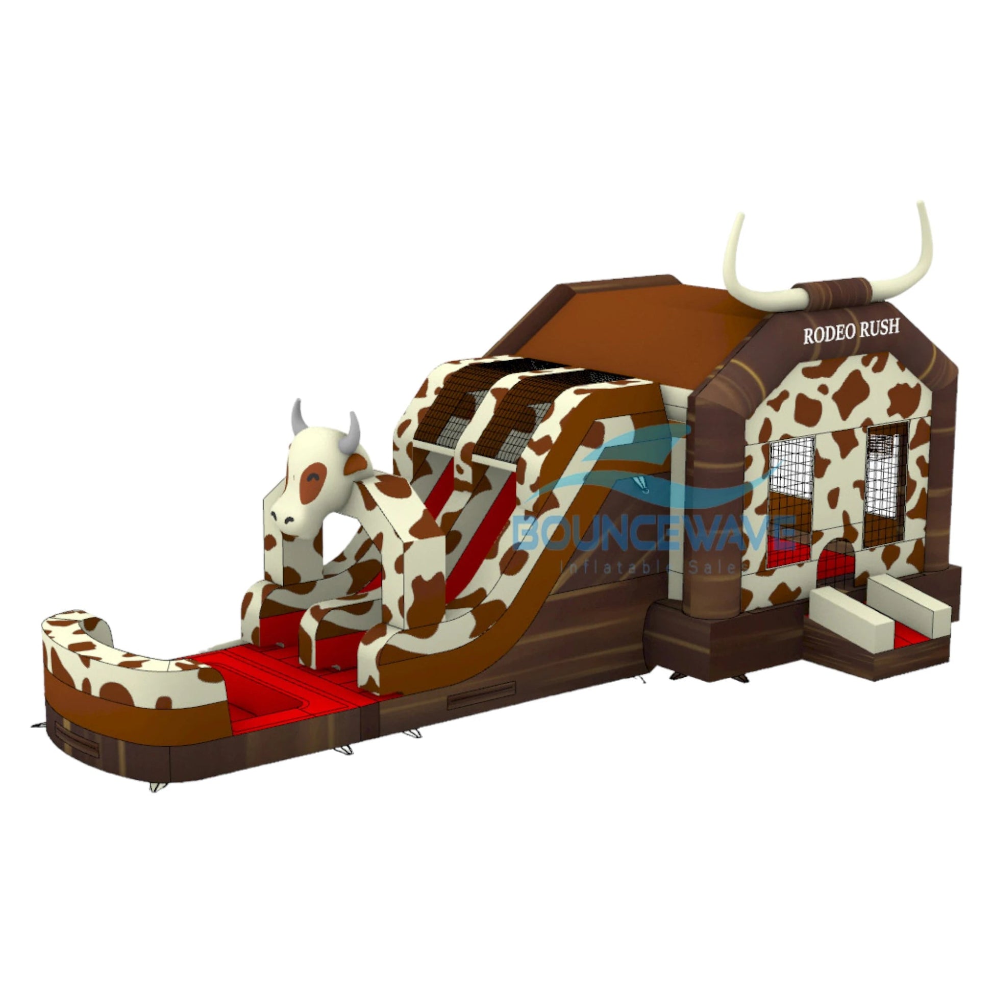 Side view of Rodeo Rush Dual Lane Commercial Inflatable Combo featuring a western theme. The structure has a brown base with cow print patterns, dual slides emerging from a bull-shaped figure, and a bounce house area with mesh windows. Large white horns adorn the top, and "RODEO RUSH" is prominently displayed. Set against a white background, showcasing its design for commercial wet/dry use.