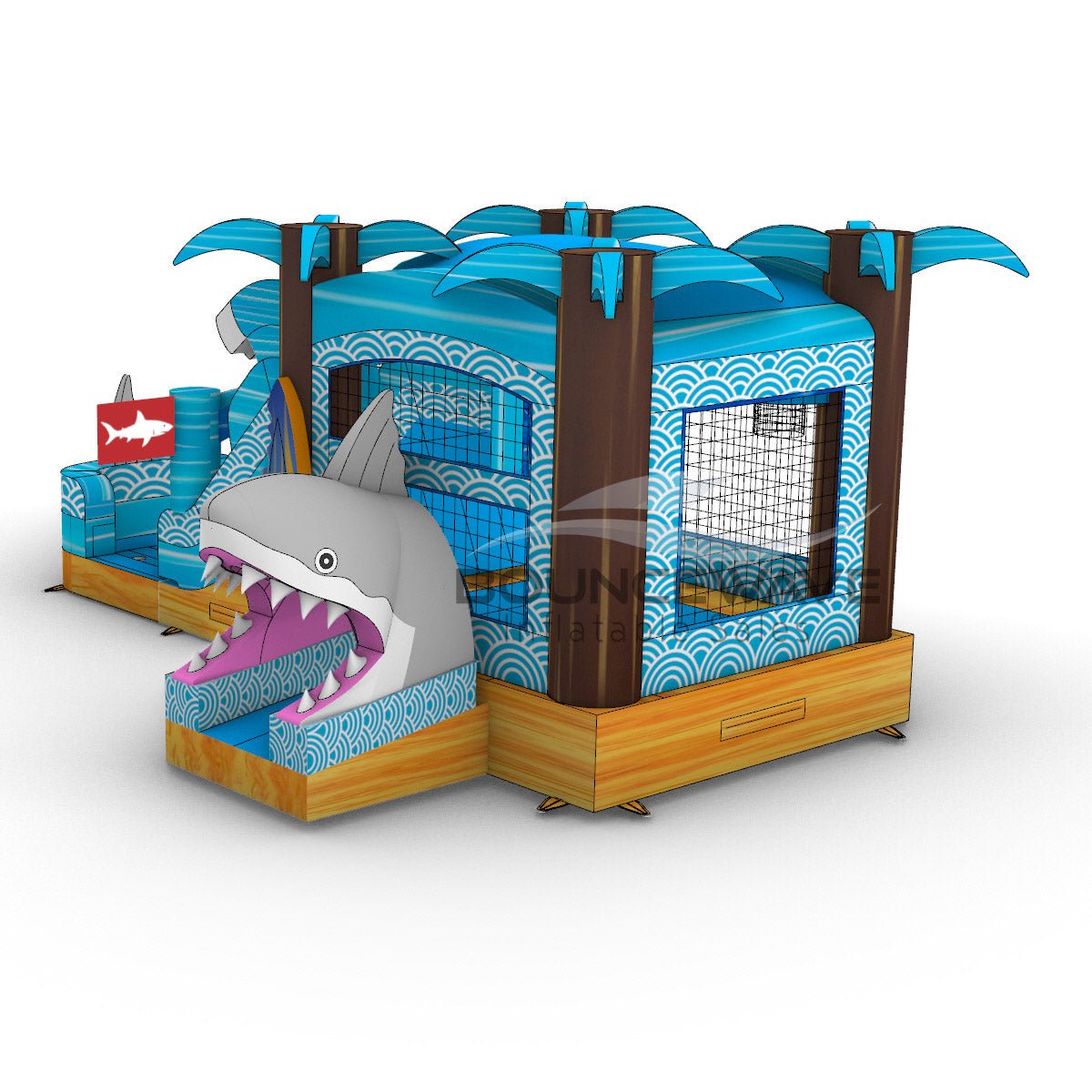 Rear angled view of Shark Beach Commercial Econo Inflatable Combo (Wet/Dry) showing the back of the inflatable wave structure, palm tree pillars, and mesh-covered bounce area. The combo features a blue wave-patterned design with a wooden-textured base. Red flags with shark silhouettes are visible on top. Displayed on a white background.