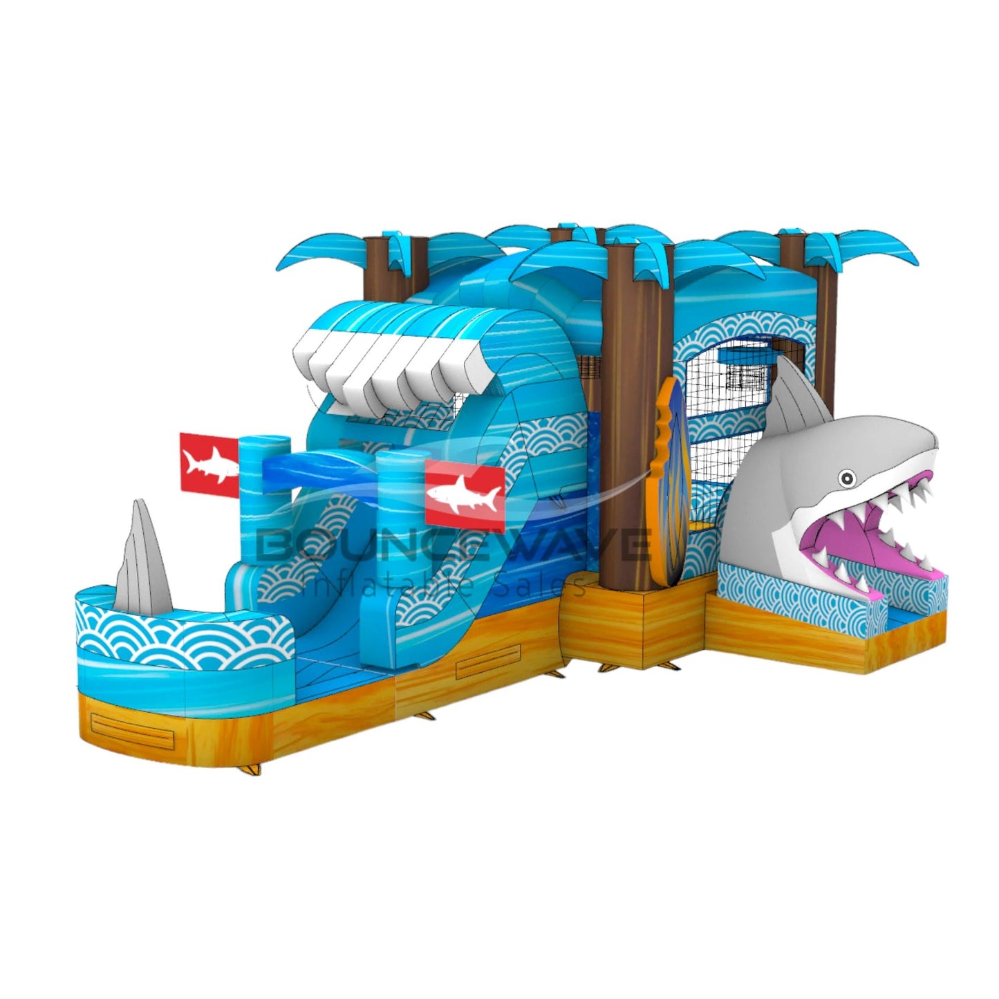 Side view of Shark Beach Commercial Econo Inflatable Combo (Wet/Dry) showcasing the large inflatable wave structure with white foam crest, blue wave-patterned design, and brown palm tree pillars. A shark fin and red flags with shark silhouettes are visible on top. The combo includes a slide and bounce area. Isolated on a white background.