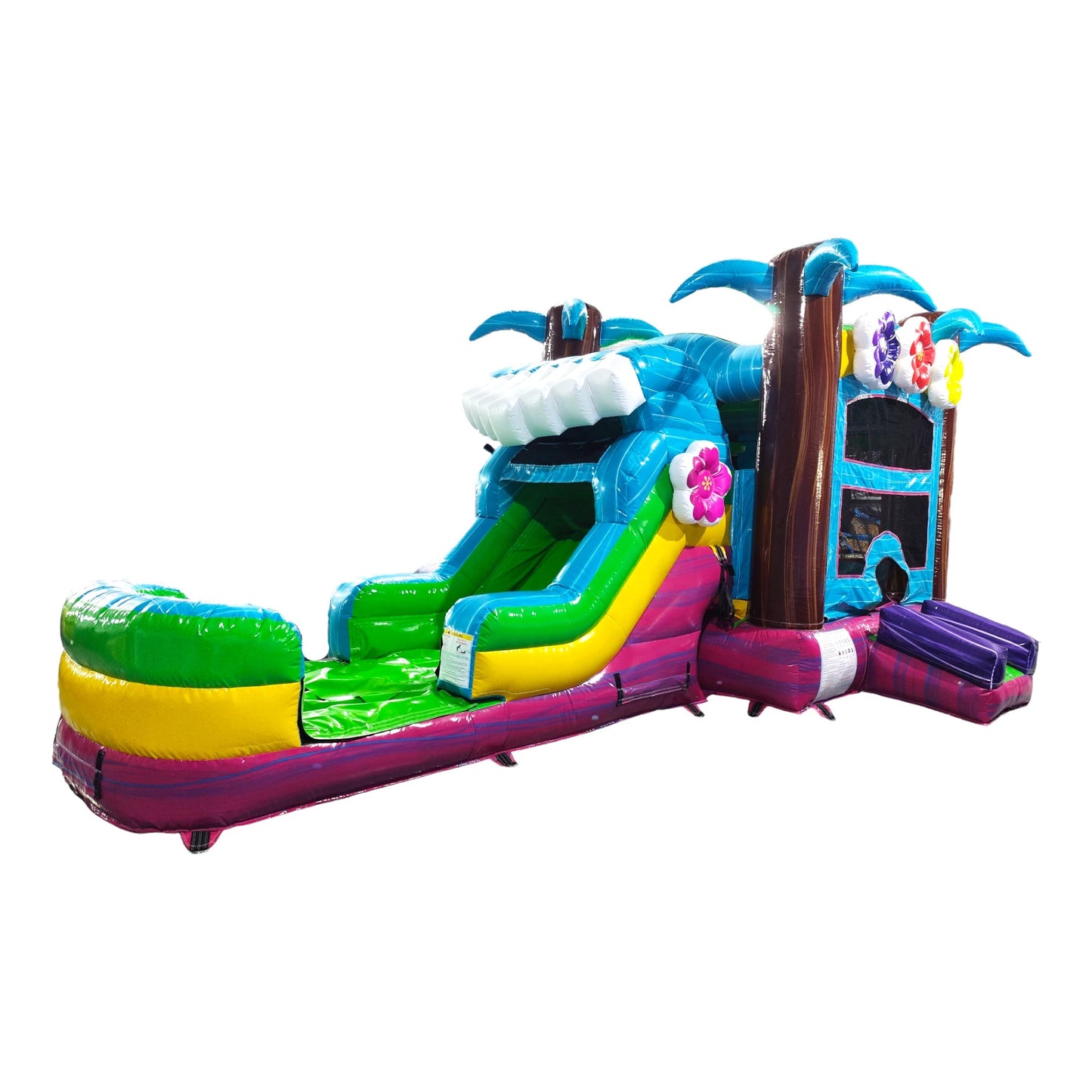 Side view of Summer Luau Econo Combo showing bright blue, green, yellow, and pink design with inflatable palm trees, curved slide, and large splash pool area. The combo includes a bounce house with tropical flower decorations, isolated against a white background.