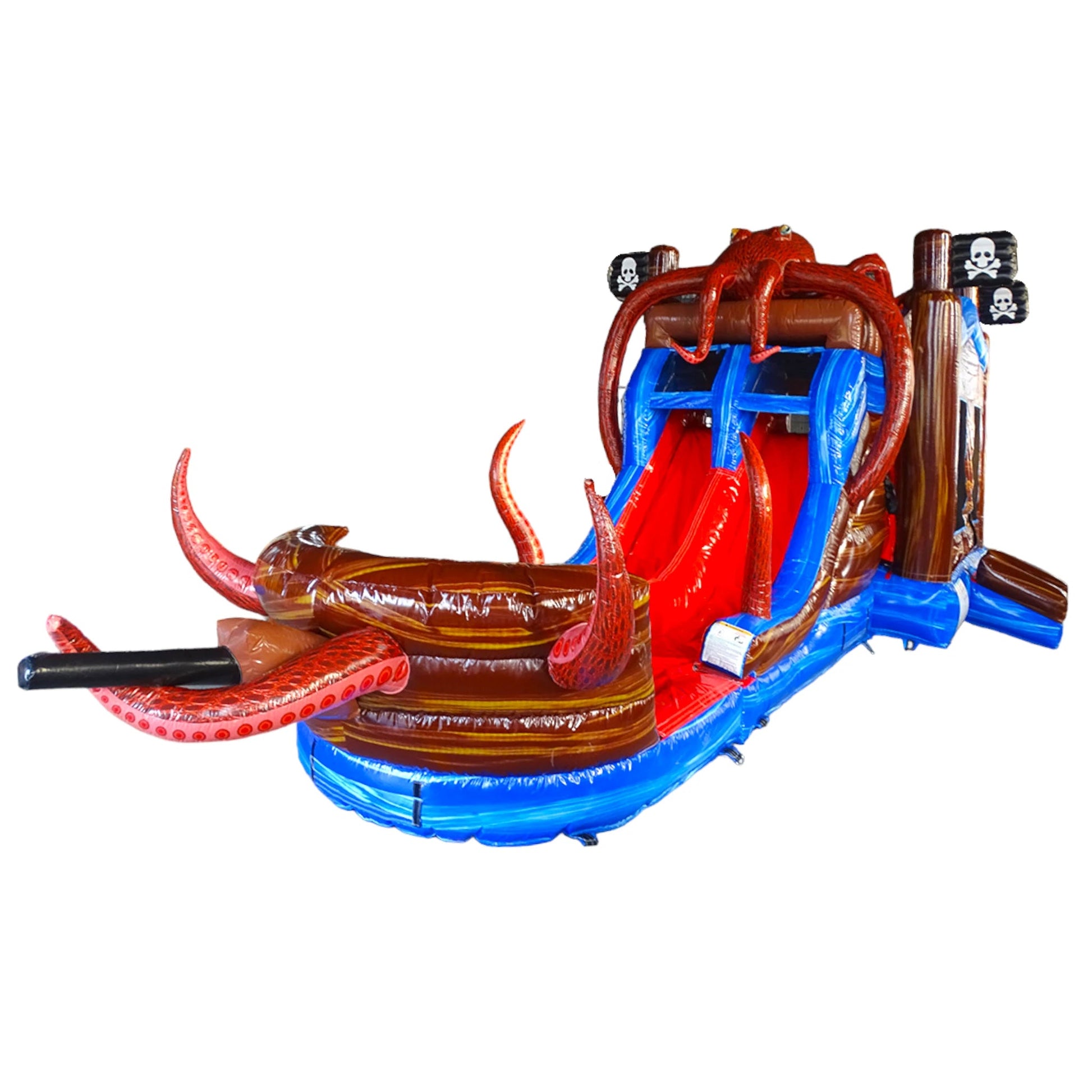 Side view of Tentacle Typhoon Dual Lane Commercial Inflatable Combo isolated on a white background. The inflatable showcases a pirate ship design with brown base, blue accents, red and blue dual slides, and large red octopus tentacles surrounding the structure. Pirate flags with skull and crossbones are visible on top.