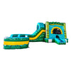 Large tropical-themed inflatable combo featuring a tiki face entrance, dual curved slides, and a splash pool. The structure has vibrant turquoise, green, and yellow colors with tiki-inspired designs. Includes inflatable palm trees and a curved archway. Isolated on a white background.