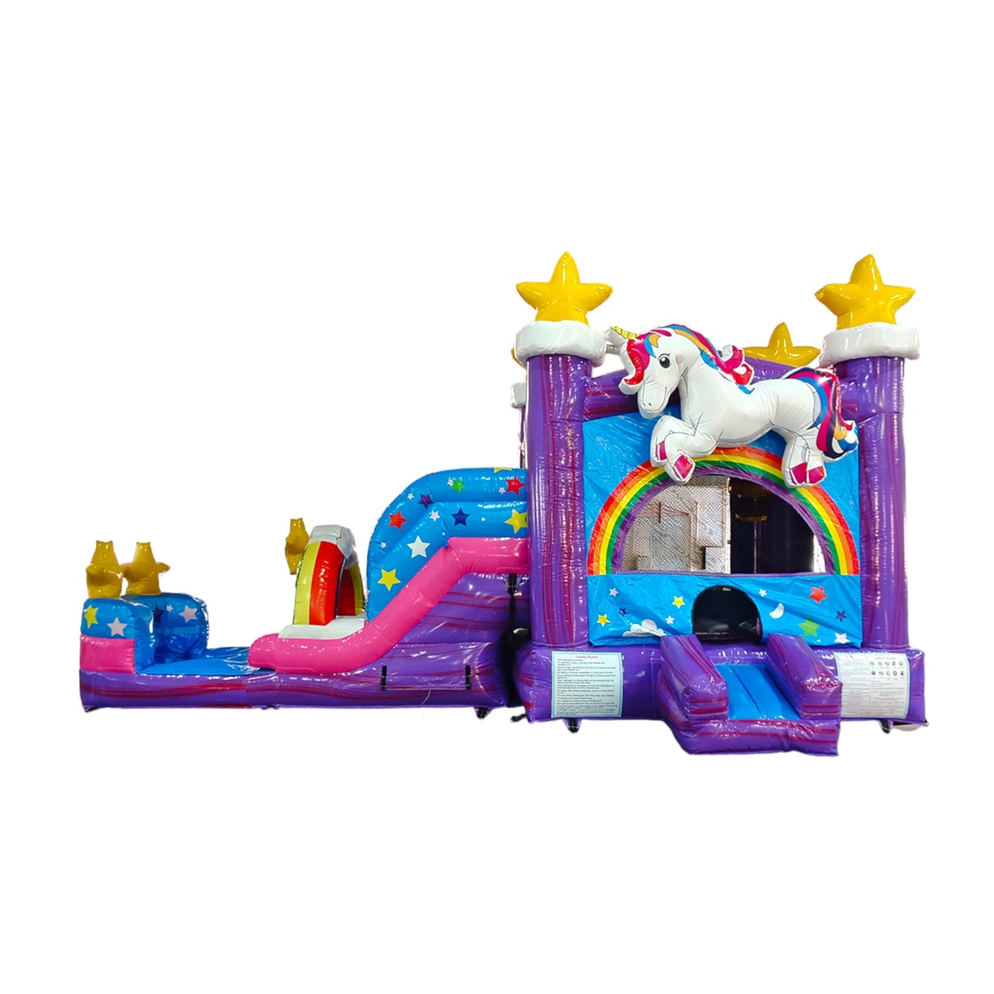 Side view of Unicorn Splash Econo Combo showing colorful design with rainbow, stars, and unicorn theme. The inflatable features a bounce house, slide, and play area in purple, blue, pink, and yellow colors. Displayed against a white background, highlighting its whimsical design.