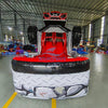 Front view of UTV Dual Lane Commercial Inflatable Combo (Wet/Dry) featuring a large red and black inflatable UTV (Utility Task Vehicle) structure. The combo includes dual red slides emerging from the UTV body, large black inflatable wheels, and a rock-themed base with a diamond plate pattern. The "BOUNCEWAVE" logo is visible on the front. Set up in a spacious warehouse with metal roofing, bright lighting, and various other inflatable products visible in the background.