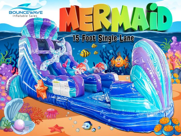 BounceWave Inflatable Sales 15 Foot Mermaid Waterslide Single Lane For Sale