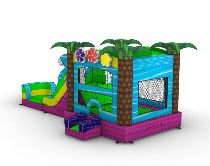 Summer Luau Bounce Slide Combo for sale! Includes bounce area, basketball hoops, single lane slide, climbing wall, basketball hoops, and more!